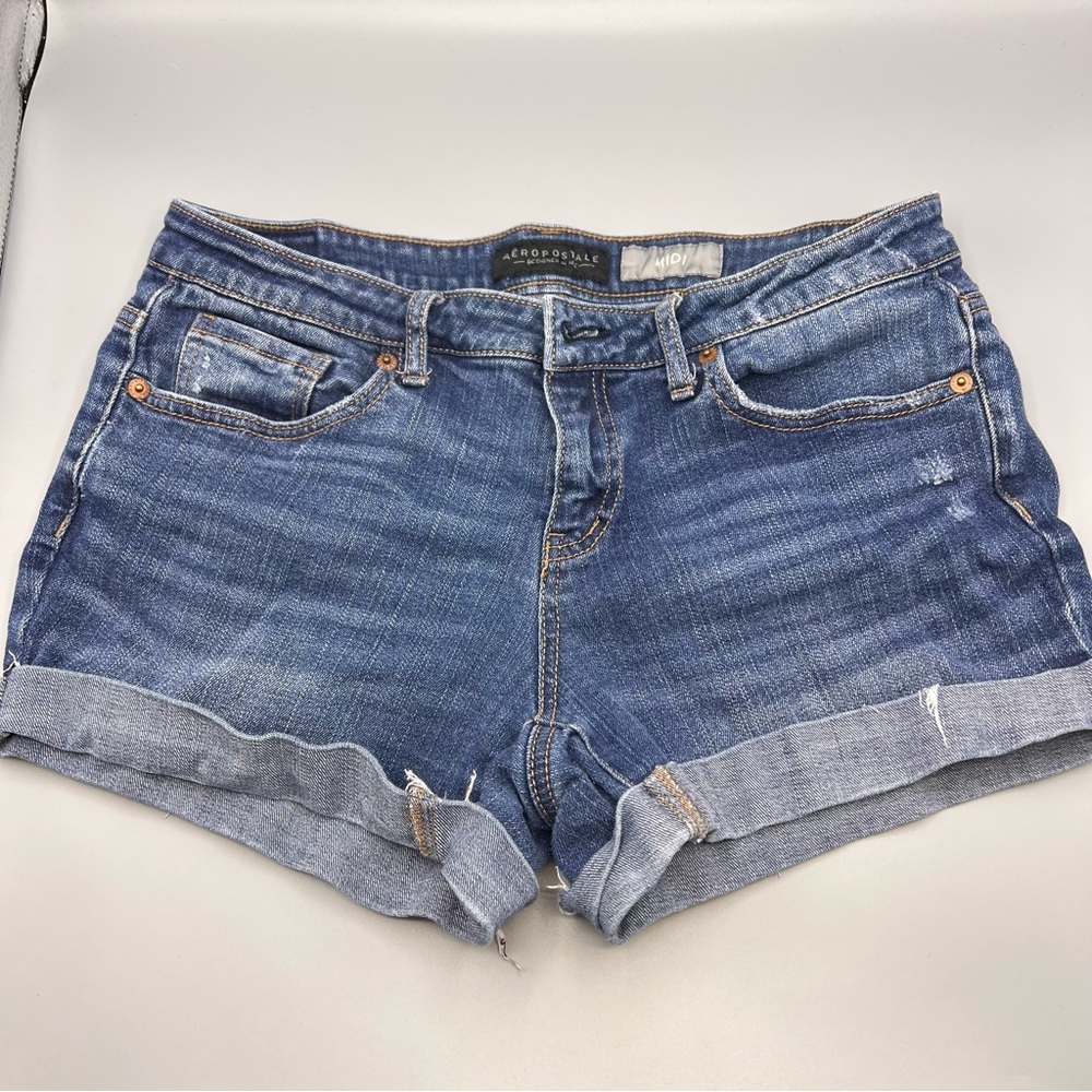 Aeropostale Midi Distressed Shorts Womens 8 Blue Denim Cuffed Hem Whisker